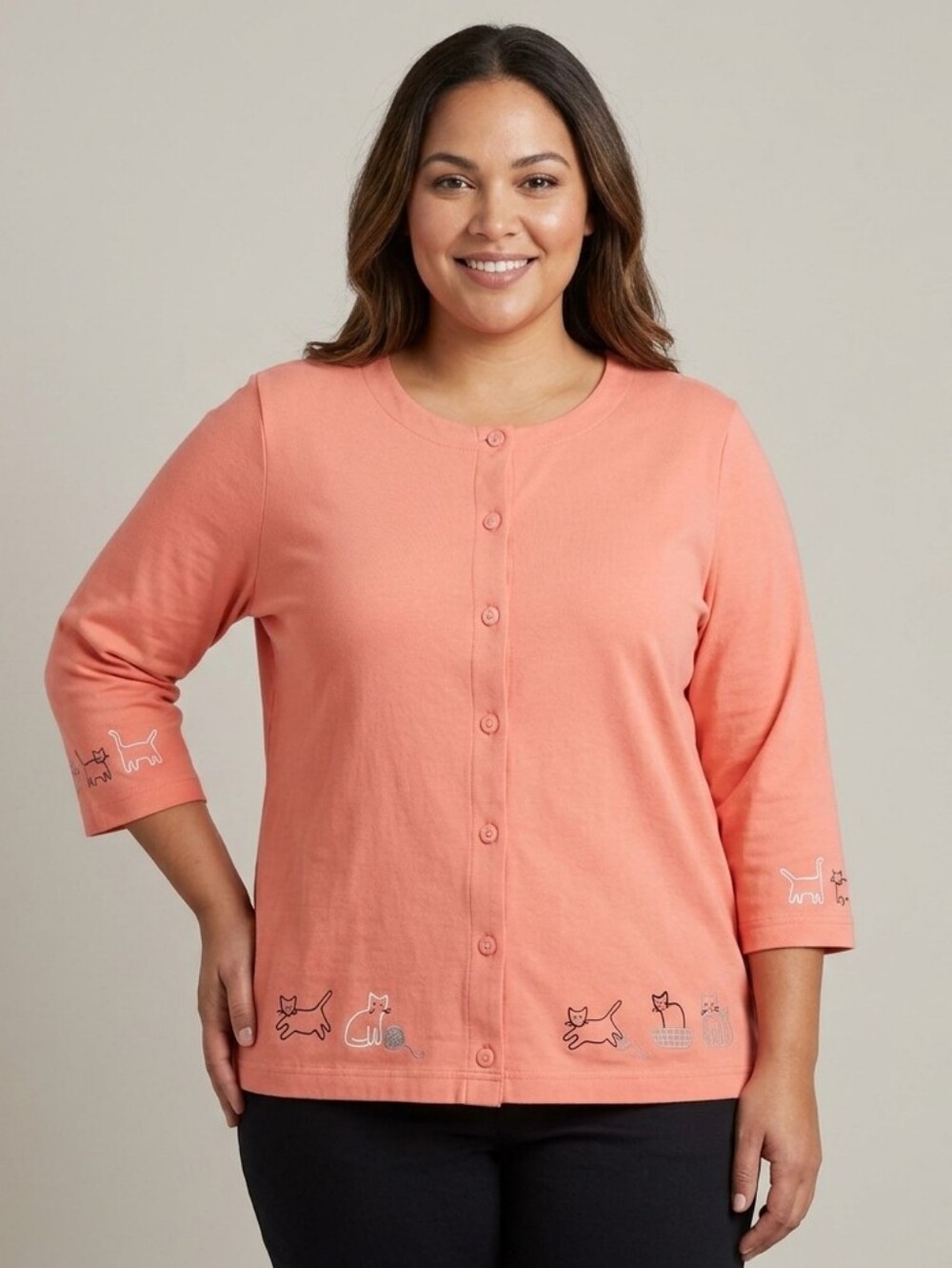 Christopher & Banks Women's Orange 3/4 Sleeve Cat Graphic Closed Cardigan Large